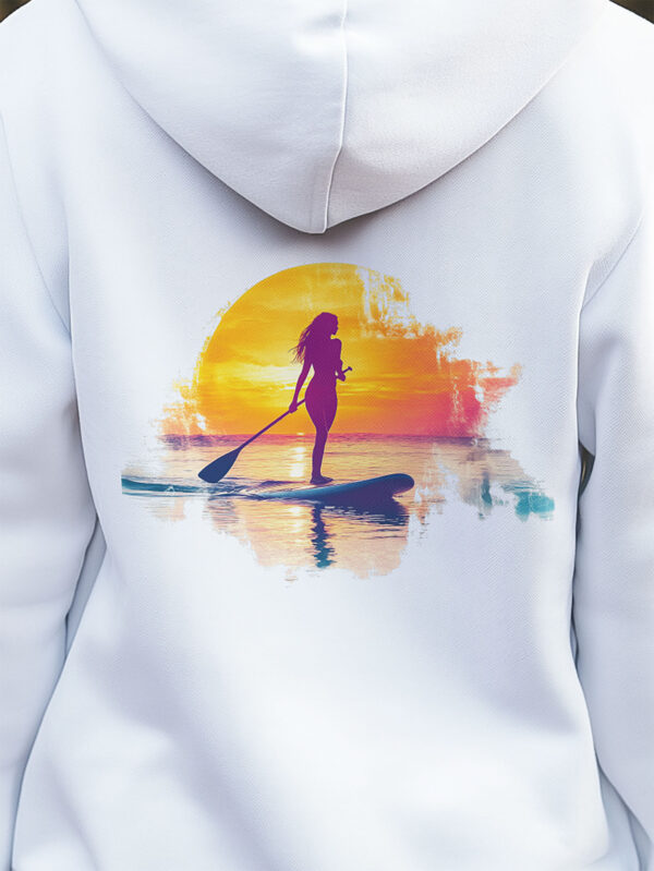 Close up image of Sunset SUP Funk print on white hoodie