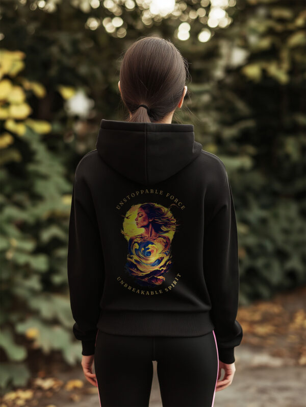 Women's Black regular fit hoodie made from 85%Organic Cotton with a large image printed on the back with the words Unstoppable Force, Unbreakable Spirit. The Hoodie is finished off with Vibrant Orange SUP Funk logo on the front left chest.