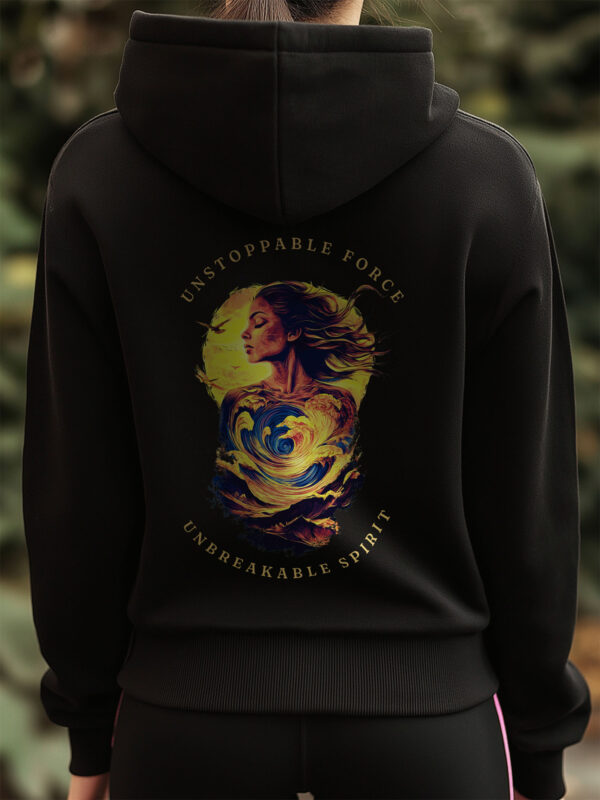 Close Up of large black hoodie image printed on the back with the words Unstoppable Force, Unbreakable Spirit. The Hoodie is finished off with Vibrant Orange SUP Funk logo on the front left chest.