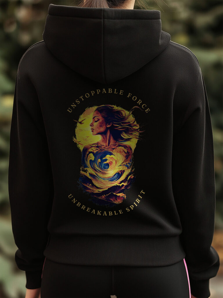 Close Up of large black hoodie image printed on the back with the words Unstoppable Force, Unbreakable Spirit. The Hoodie is finished off with Vibrant Orange SUP Funk logo on the front left chest.