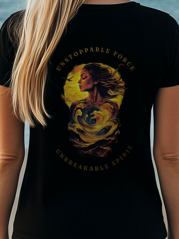 Close up of Women's Black regular fit T-Shirt made from 100% Organic Cotton with a large image printed on the back with the words Unstoppable Force, Unbreakable Spirit. The tee is finished off with Vibrant Orange SUP Funk logo on the front left chest.