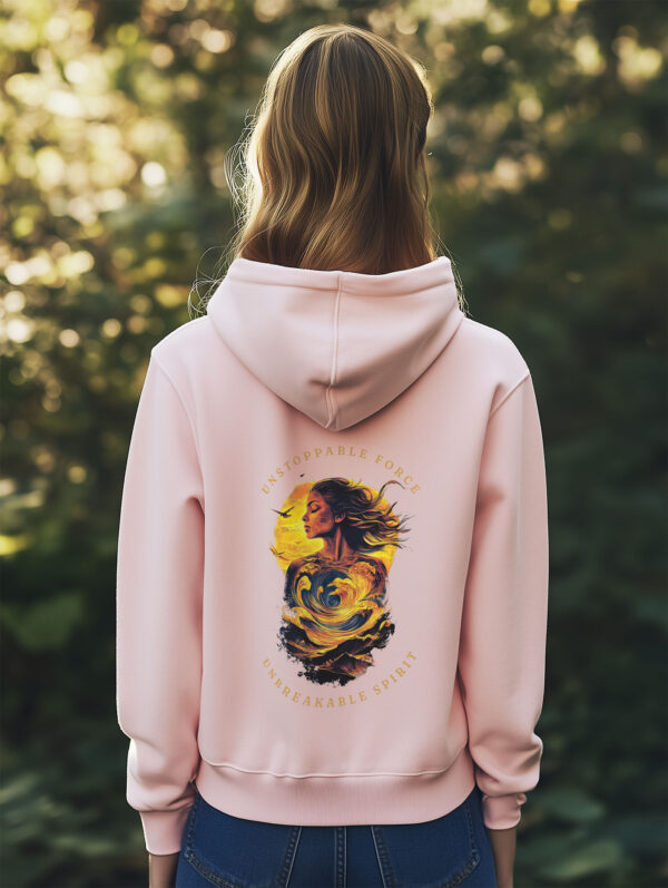 Women's Cotton Pink regular fit hoodie made from 85%Organic Cotton with a large image printed on the back with the words Unstoppable Force, Unbreakable Spirit. The Hoodie is finished off with Vibrant Orange SUP Funk logo on the front left chest.