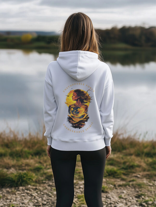 Women's White regular fit hoodie made from 85%Organic Cotton with a large image printed on the back with the words Unstoppable Force, Unbreakable Spirit. The Hoodie is finished off with Vibrant Orange SUP Funk logo on the front left chest.