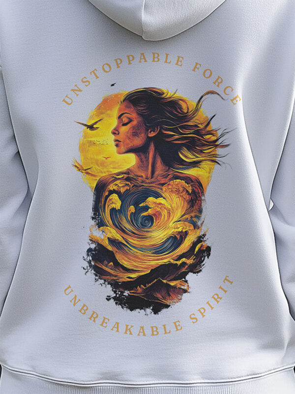 Close Up of large hoodie image printed on the back with the words Unstoppable Force, Unbreakable Spirit. The Hoodie is finished off with Vibrant Orange SUP Funk logo on the front left chest.