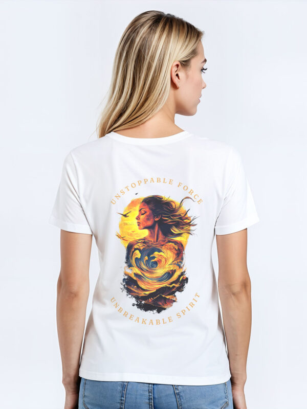 Women's white regular fit T-Shirt made from 100% Organic Cotton with a large image printed on the back with the words Unstoppable Force, Unbreakable Spirit. The tee is finished off with Vibrant Orange SUP Funk logo on the front left chest.