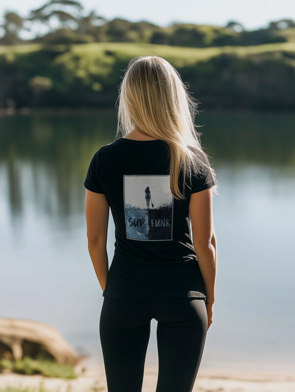 Women's Black regular fit T-Shirt made from 100% Organic Cotton with a large abstract print on the back in blues and woman silhouette and Sup Funk in matching colours. The tee is finished off with Vibrant blues SUP Funk logo on the front left chest.