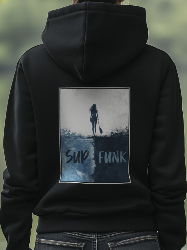 Close up of SUP Funk Walk on Water print on Black Hoodie.