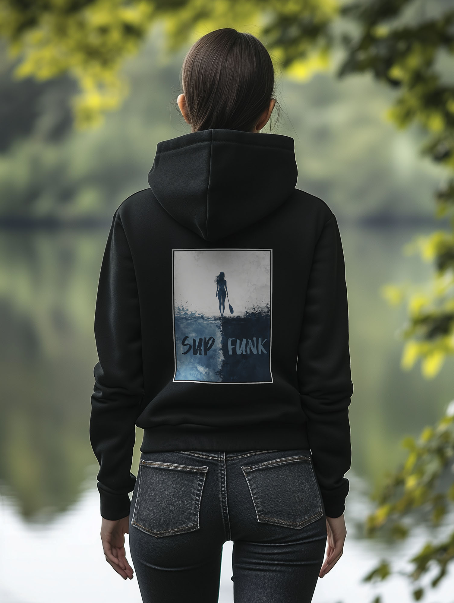 Women's Black regular fit hoodie made from 85% Organic Cotton, 15% recycled polyester with a large abstract print on the back in blues and woman silhouette and Sup Funk in matching colours. The hoodie is finished off with Vibrant blues SUP Funk logo on the front left chest.