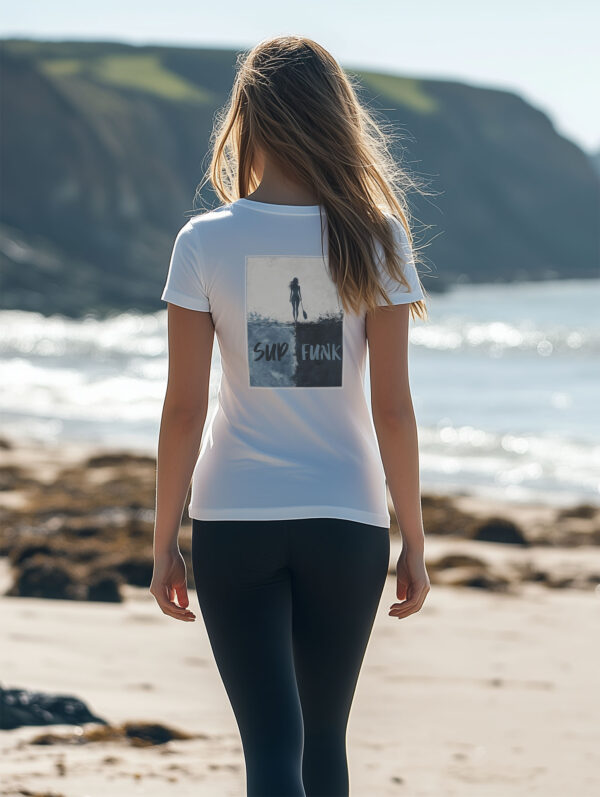 Women's white regular fit T-Shirt made from 100% Organic Cotton with a large abstract print on the back in blues and woman silhouette and Sup Funk in matching colours. The tee is finished off with Vibrant blues SUP Funk logo on the front left chest.