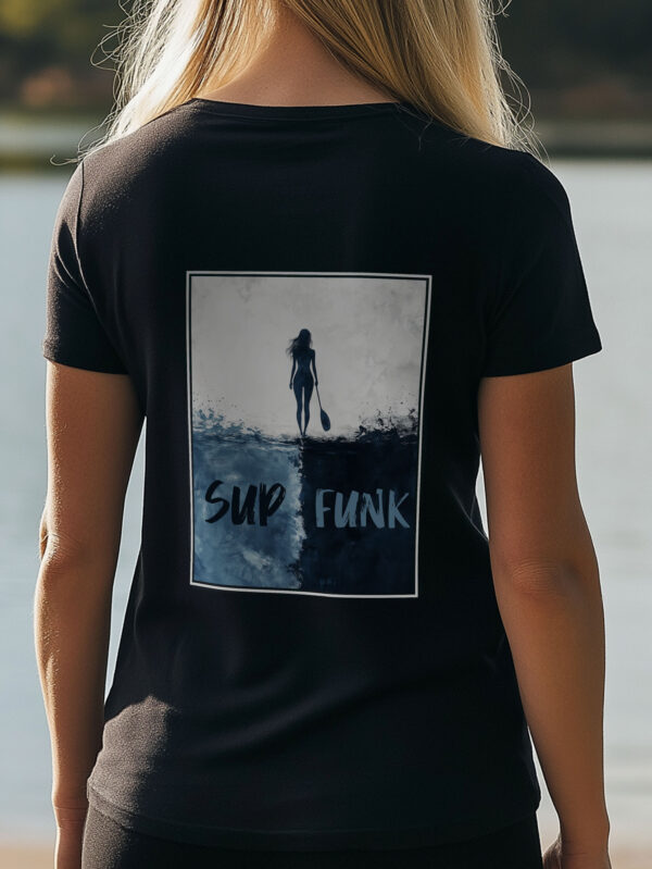 Close up of Women's Black regular fit T-Shirt made from 100% Organic Cotton with a large abstract print on the back in blues and woman silhouette and Sup Funk in matching colours. The tee is finished off with Vibrant blues SUP Funk logo on the front left chest.