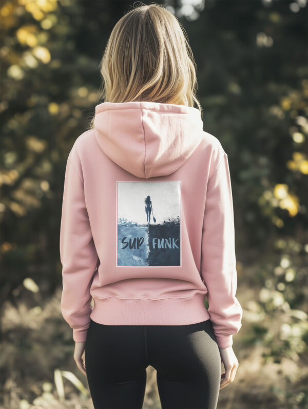 Women's Cotton Pink regular fit hoodie made from 85% Organic Cotton, 15% recycled polyester with a large abstract print on the back in blues and woman silhouette and Sup Funk in matching colours. The hoodie is finished off with Vibrant blues SUP Funk logo on the front left chest.