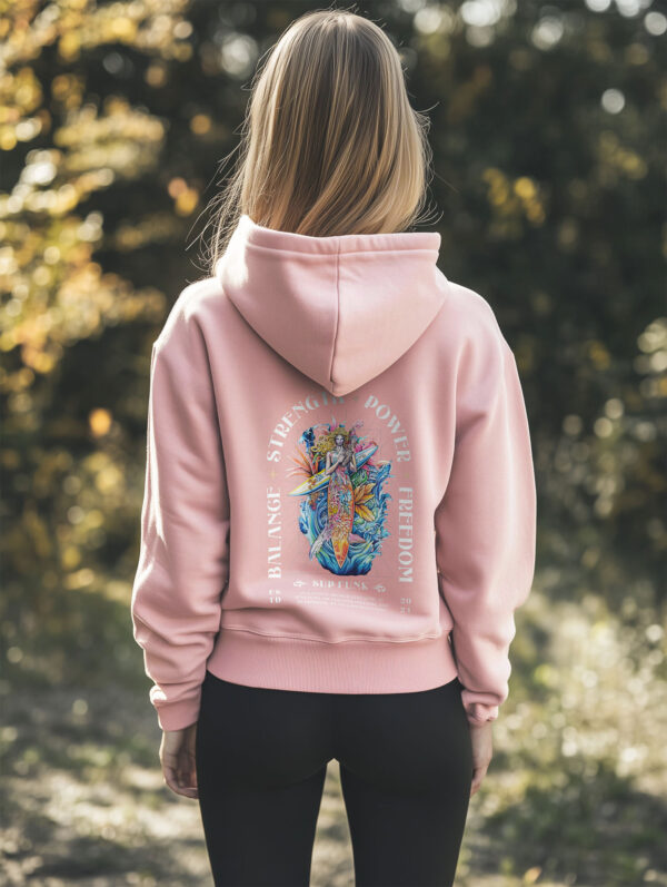 Women's Cotton Pink regular hoodie made from Organic Cotton with a large abstract style image printed on the back with the words Balance, Strength, Power and Freedom in white. The hoodie is finished off with Vibrant SUP Funk logo on the front left chest.