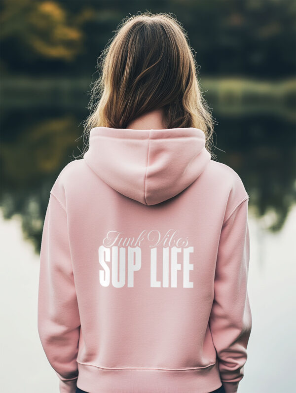 Women's Cotton Pink regular fit Hoodie made from Organic Cotton with a large white typography print on the back with the words Funk Vibes, SUP LIFE.