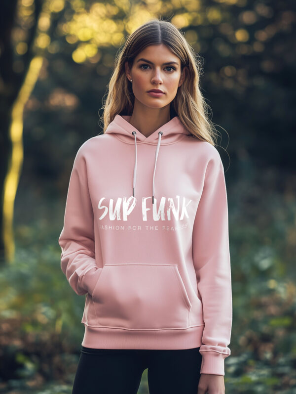 Women's Organic Cotton Pink Hoodie with front White SUP Funk logo across the chest