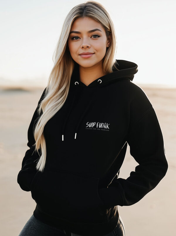 Front view of Women's Black regular fit Hoodie made from 85% Organic Cotton 15% Recycled polyester with White SUP Funk logo on the front left chest.