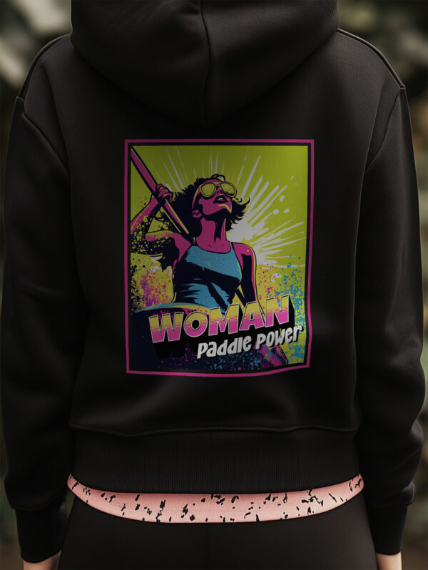 Close up of SUP funk Woman Paddle Power Print on Black Hoodie