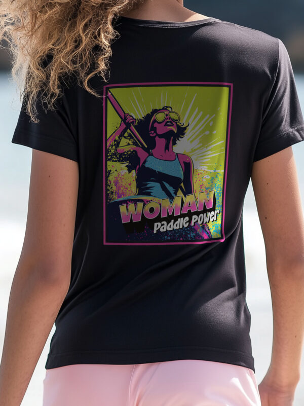 Close up back view of women's Black regular fit T-Shirt made from 100% Organic Cotton with a large vibrant pink and lime green comic style print with the words Woman Paddle Power.