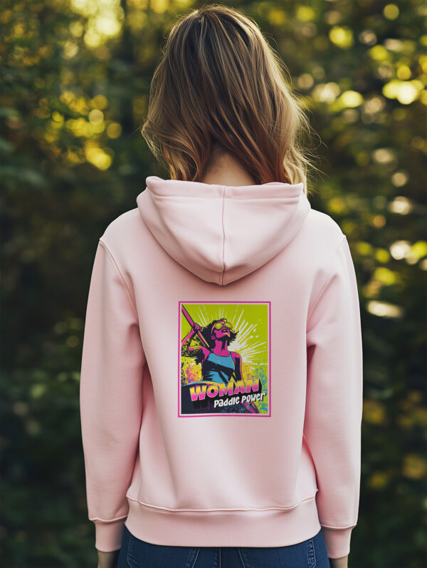 Women's Cotton Pink regular fit Hoodie made from Organic Cotton with a large vibrant pink and lime green comic style print on the back with the words Woman Paddle Power.