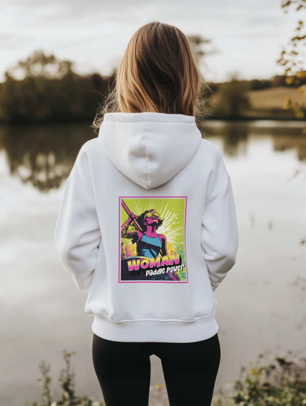 Women's White regular fit Hoodie made from Organic Cotton with a large vibrant pink and lime green comic style print on the back with the words Woman Paddle Power.