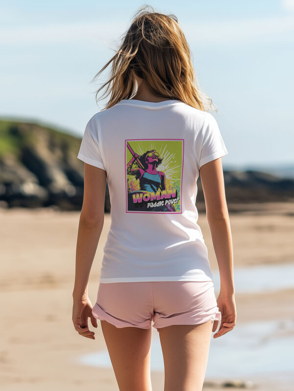 Back view of women's white regular fit T-Shirt made from 100% Organic Cotton with a large vibrant pink and lime green comic style print with the words Woman Paddle Power.