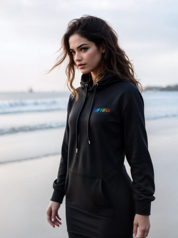 Women's Organic Black Hoodie Dress with Groove on water SUP Funk logo on the back