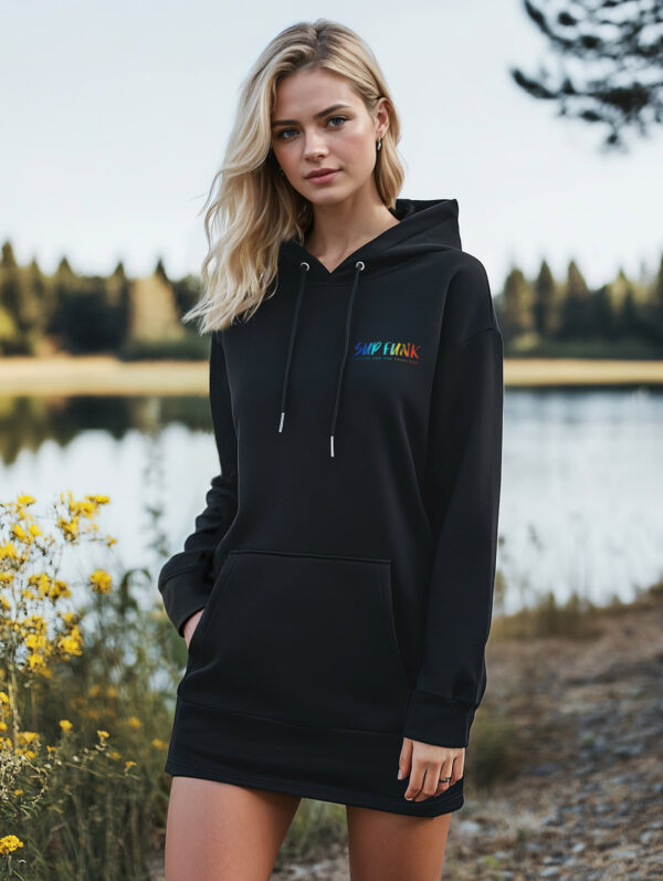 Women's Organic Black Hoodie Dress with Groove on water SUP Funk logo on the back