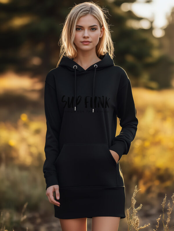 Women's Organic Black Hoodie Dress with front Black SUP Funk logo across the chest