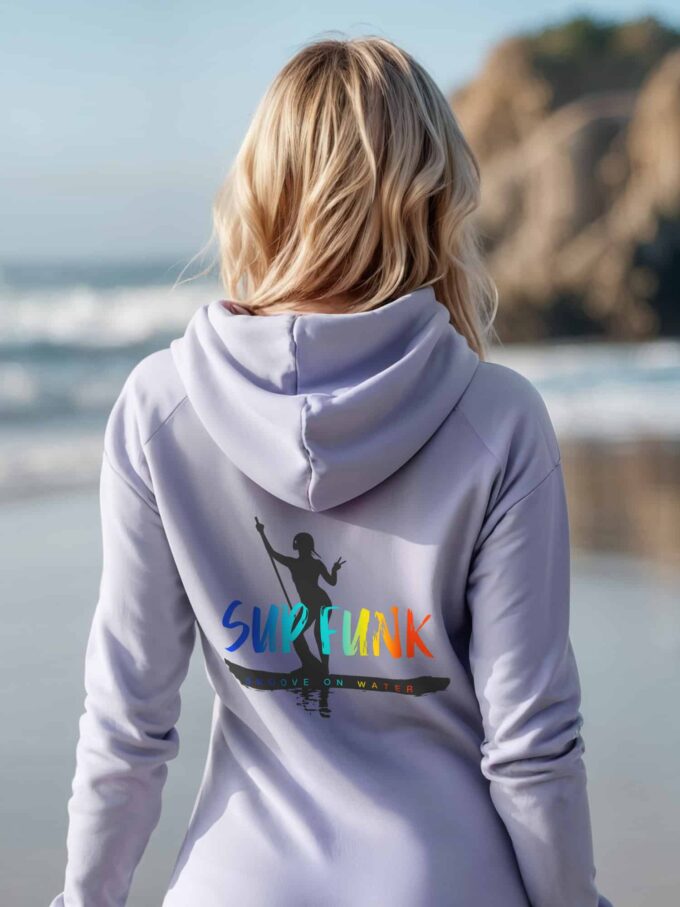 Women's Organic Lavender Hoodie Dress with Groove on water SUP Funk logo on the back and small logo on left chest