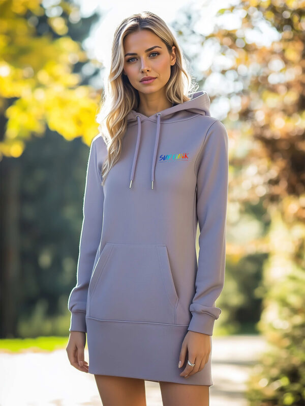 Women's Organic Lavender Hoodie Dress with Groove on water SUP Funk logo on the back and small logo on left chest