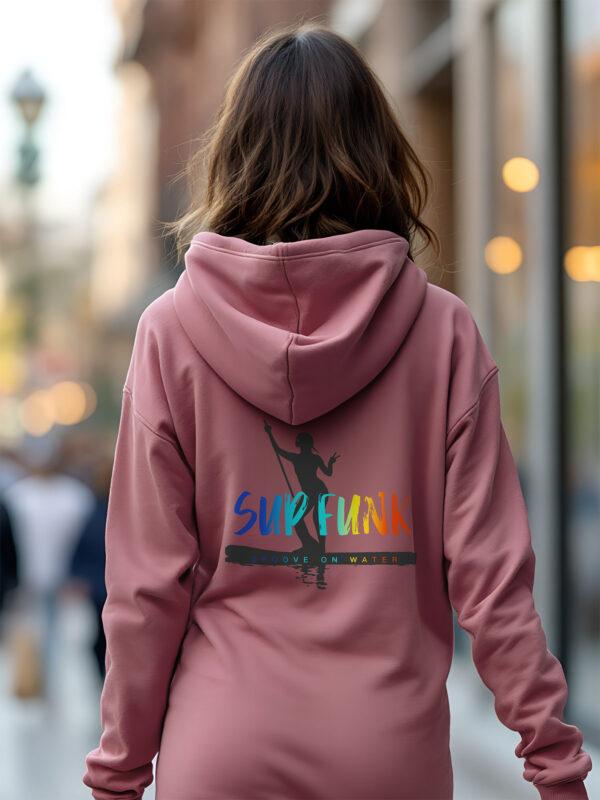 Women's Organic Hibiscus Hoodie Dress with Groove on water SUP Funk logo on the back and small logo on left chest