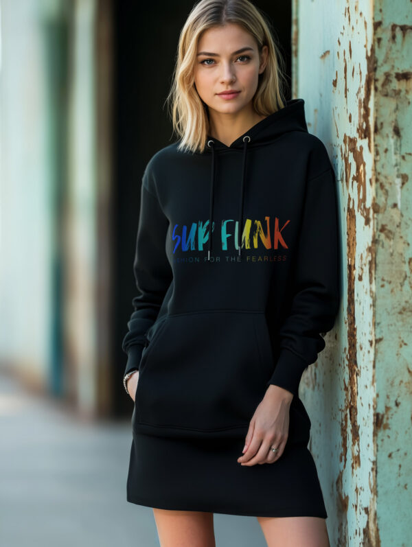 Women's Organic Black Hoodie Dress with front Multi Coloured SUP Funk logo across the chest