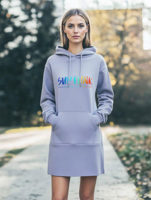 Women's Organic Lavender Hoodie Dress with front SUP Funk logo across the chest