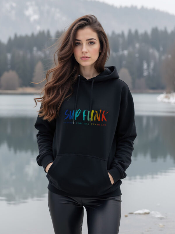 Women's Organic Black Hoodie with front Multi Coloured SUP Funk logo across the chest