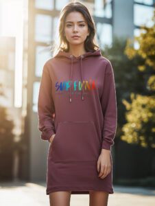 Women's Organic Hibiscus Hoodie Dress with front SUP Funk logo across the chest