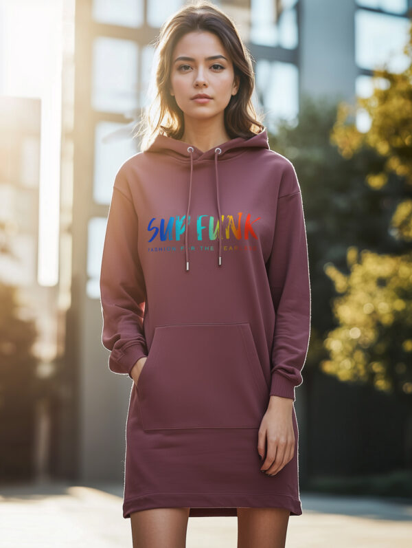 Women's Organic Hibiscus Hoodie Dress with front SUP Funk logo across the chest