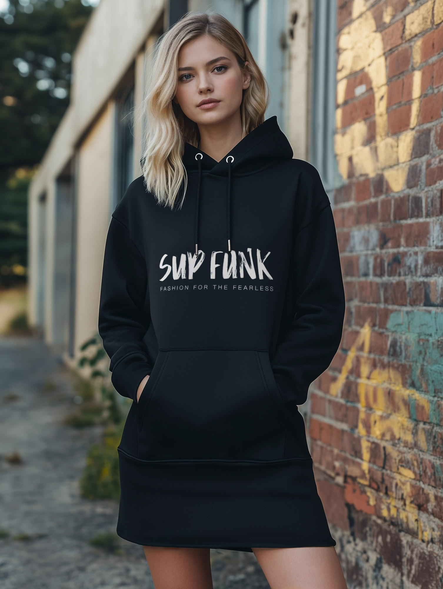 Women's Organic Black Hoodie Dress with front White SUP Funk logo across the chest