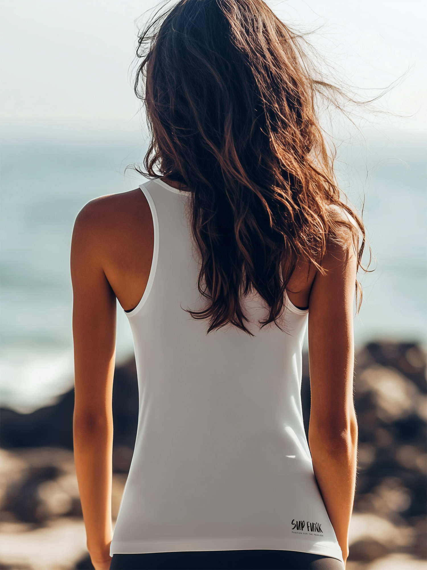 100% Organic Cotton White Tank Top with small back SUP Funk Black Logo