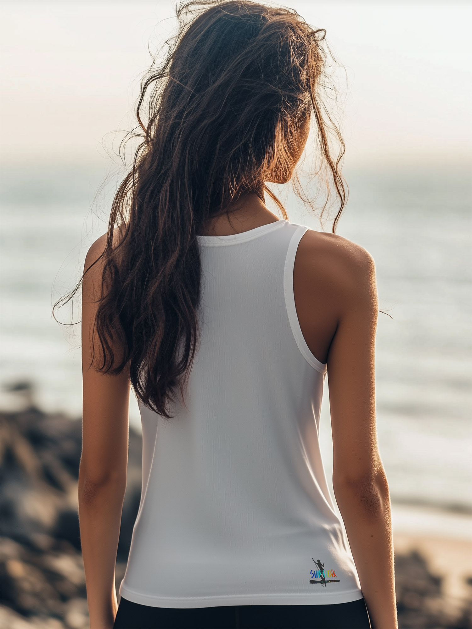 White Tank Top Groove on Water Small Rear Print