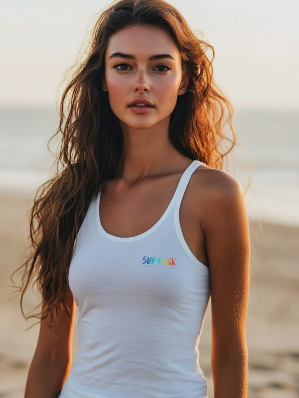 100% Organic Cotton White Tank Top with Small SUP Funk Multi Colour Chest Logo