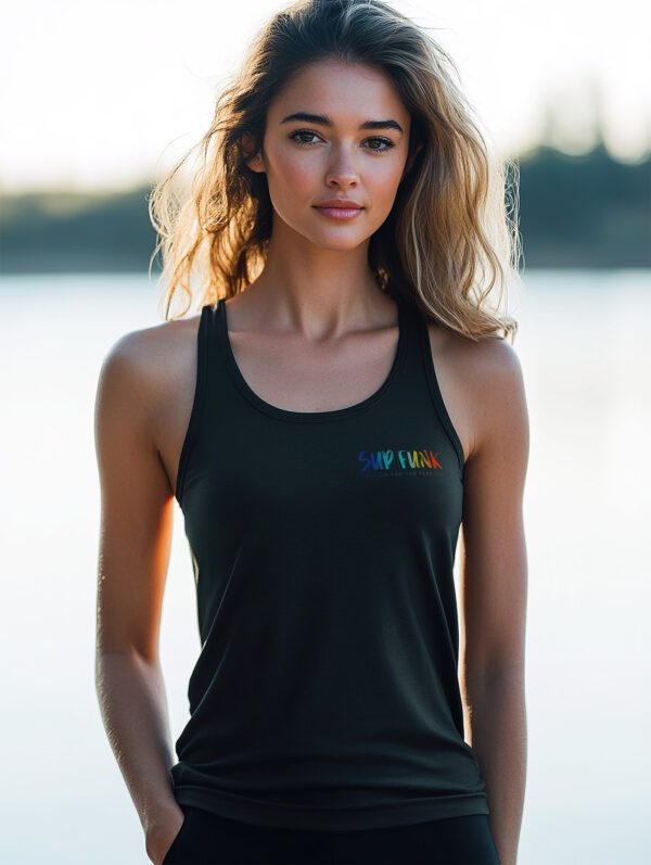 100% Organic Cotton Black Tank Top with Small SUP Funk Multi Colour Chest Logo