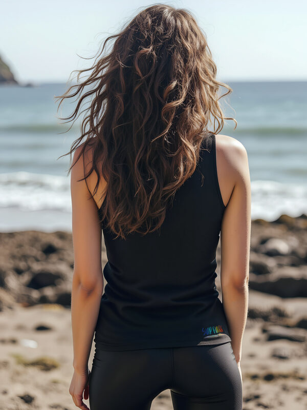 100% Organic Cotton Black Tank Top with SUP Funk Multi Colour Logo Back View