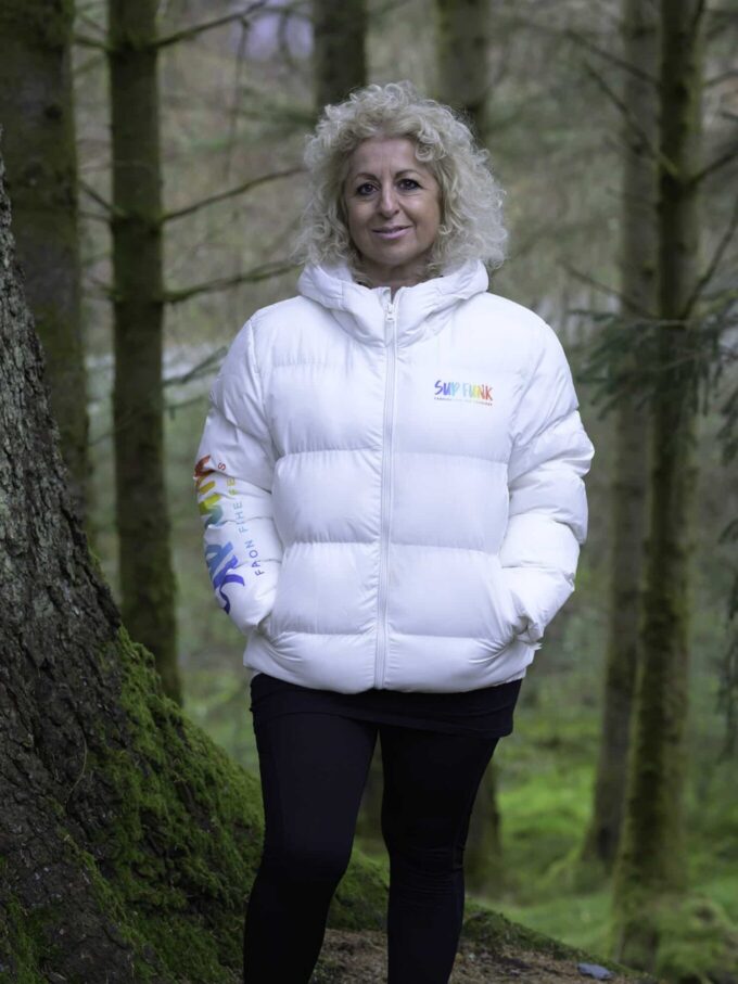 White FrostFunk Puffer Winter Jacket by SUP Funk 100% Recycled Polyester. Front View.