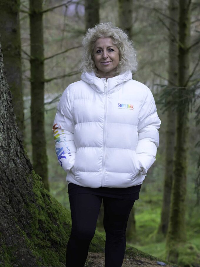 White FrostFunk Puffer Winter Jacket by SUP Funk 100% Recycled Polyester. Front View.