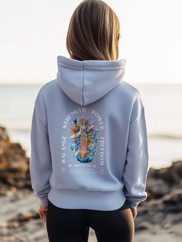 Women's Serene Blue regular hoodie made from Organic Cotton with a large abstract style image printed on the back with the words Balance, Strength, Power and Freedom in White. The hoodie is finished off with Vibrant SUP Funk logo on the front left chest.