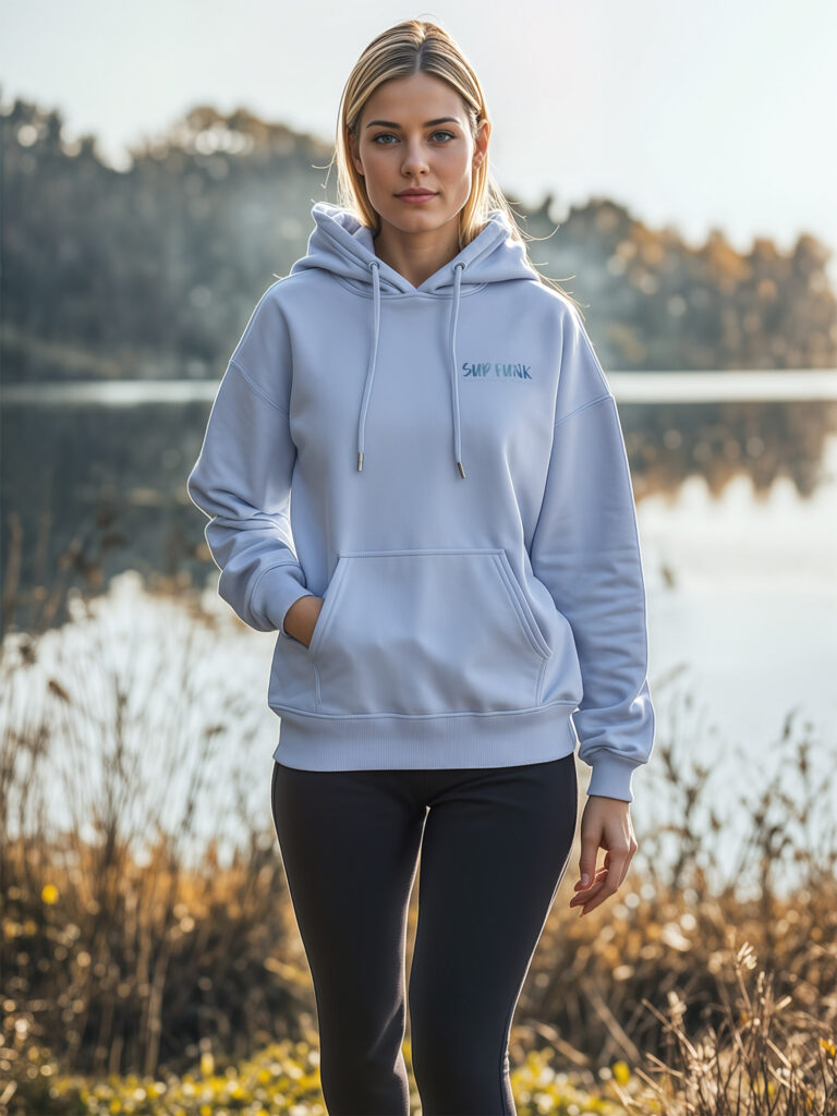 Women's Serene Blue regular fit hoodie made from 85% Organic Cotton, 15% recycled polyester with Blue SUP Funk logo on the front left chest.