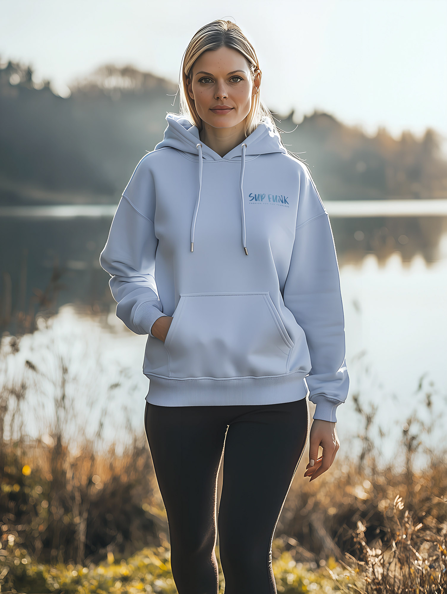 Women's Serene Blue regular fit hoodie made from 85% Organic Cotton, 15% recycled polyester with Blue SUP Funk logo on the front left chest.