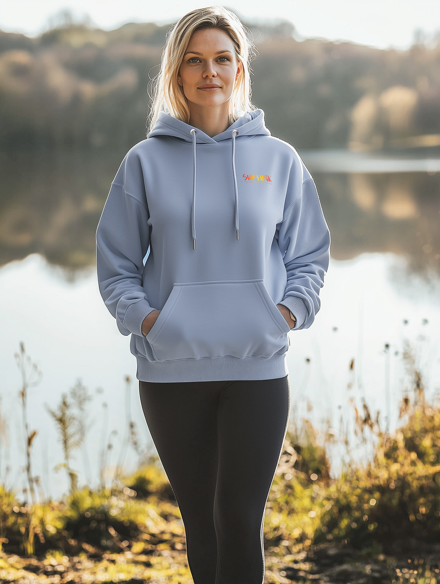 Women's Serene Blue regular fit hoodie made from 85% Organic Cotton, 15% recycled polyester with Orange SUP Funk logo on the front left chest.