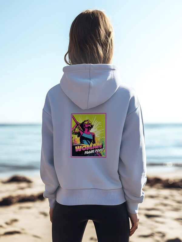 Women's Serene Blue regular fit Hoodie made from Organic Cotton with a large vibrant pink and lime green comic style print on the back with the words Woman Paddle Power.