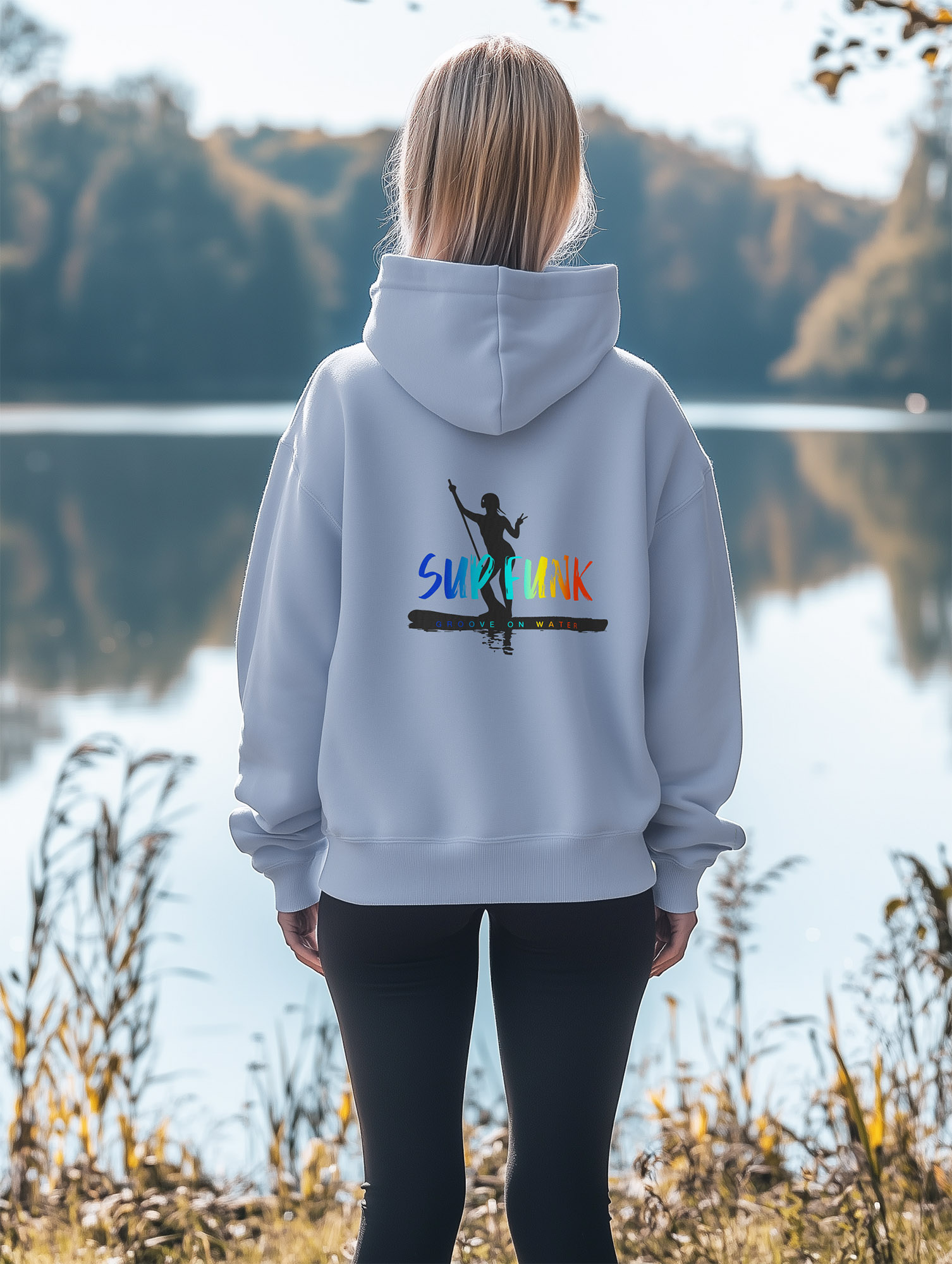 Women's Serene Blue regular fit hoodie made from Organic Cotton with a large Groove On Water SUP Funk logo across the back