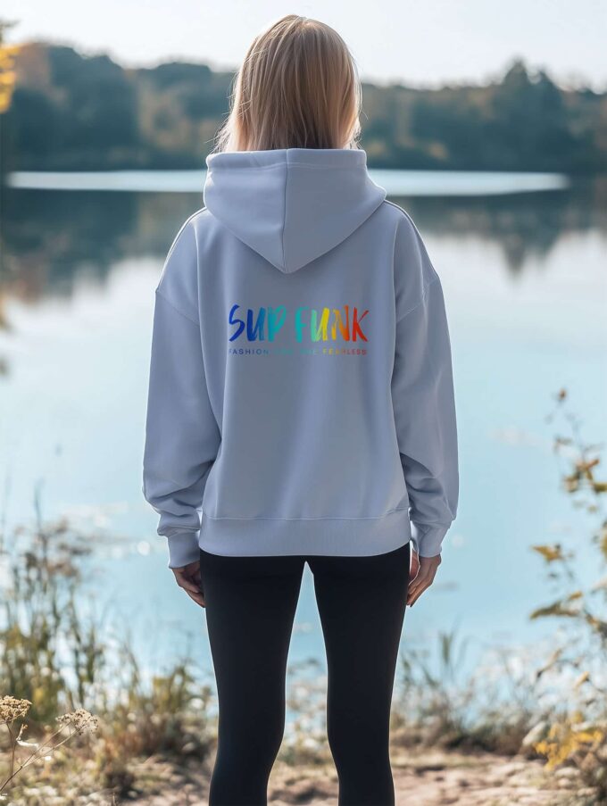 Women's Serene Blue regular fit hoodie made from Organic Cotton with a large multi coloured SUP Funk logo across the back